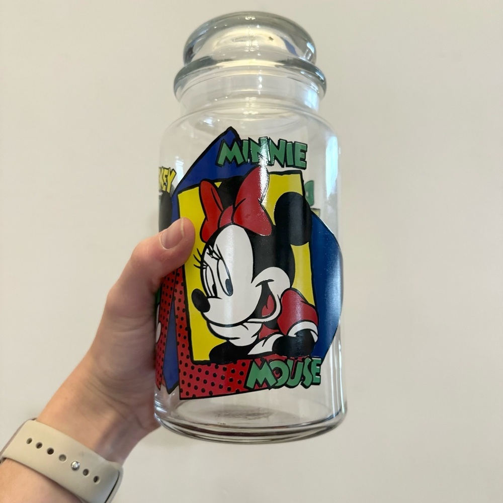 Walt Disney Vintage Mickey & Minnie Mouse 8.5” Clear Glass Cookie Jar